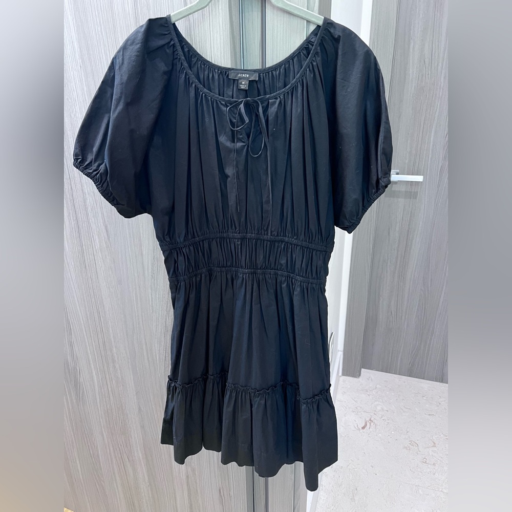 NEW! $118 J. CREW cotton blend black mini dress M peasant - Picture 2 of 10